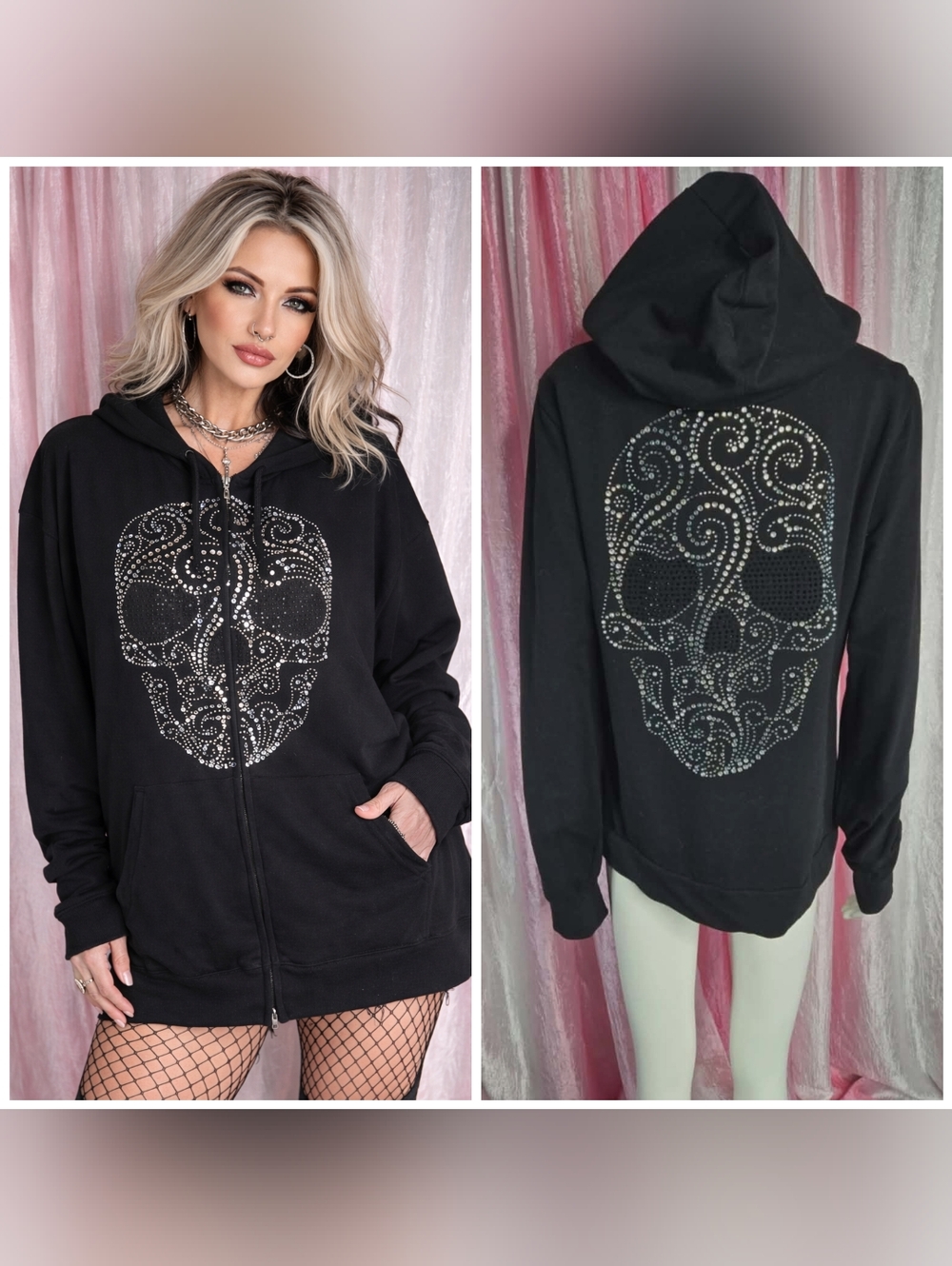 Skull Platinum Plush Black Rhinestone Full Zip Stretch Hoodie Size Large
